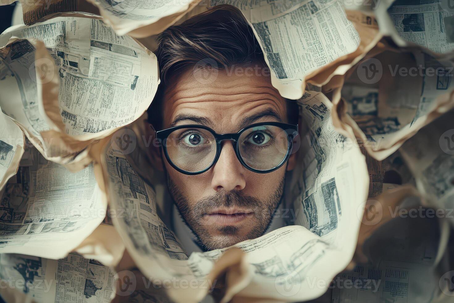 A man with glasses and a beard is peeking out from a pile of newspapers photo