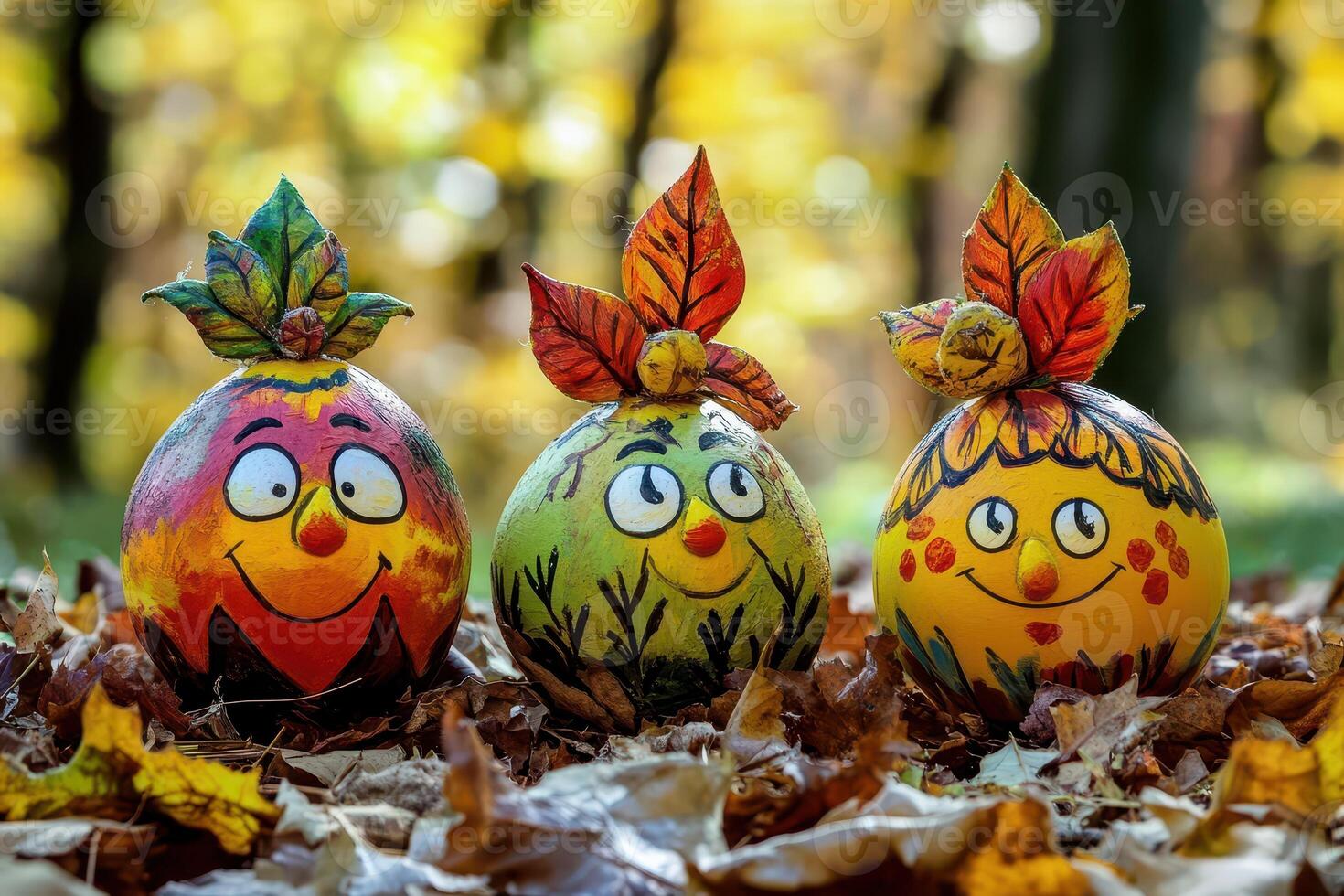 Three painted eggs with faces on them in the leaves photo