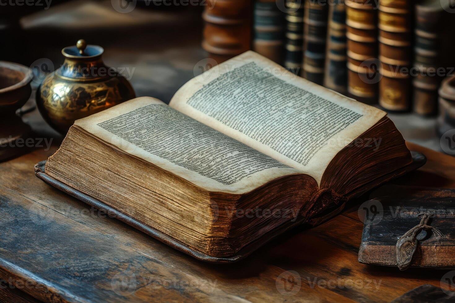 An old book sits on a wooden table with other books photo