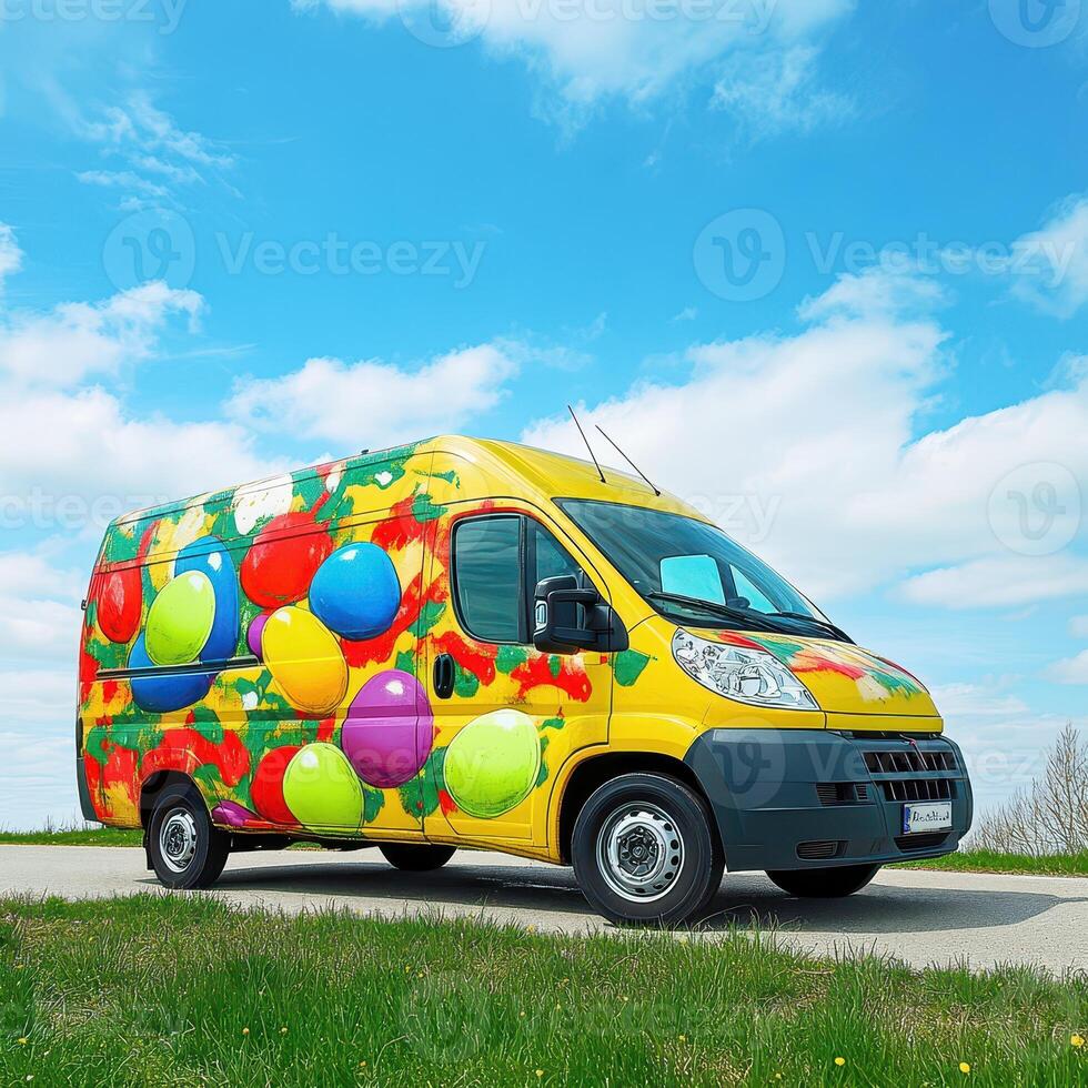 A van painted with colorful balloons photo