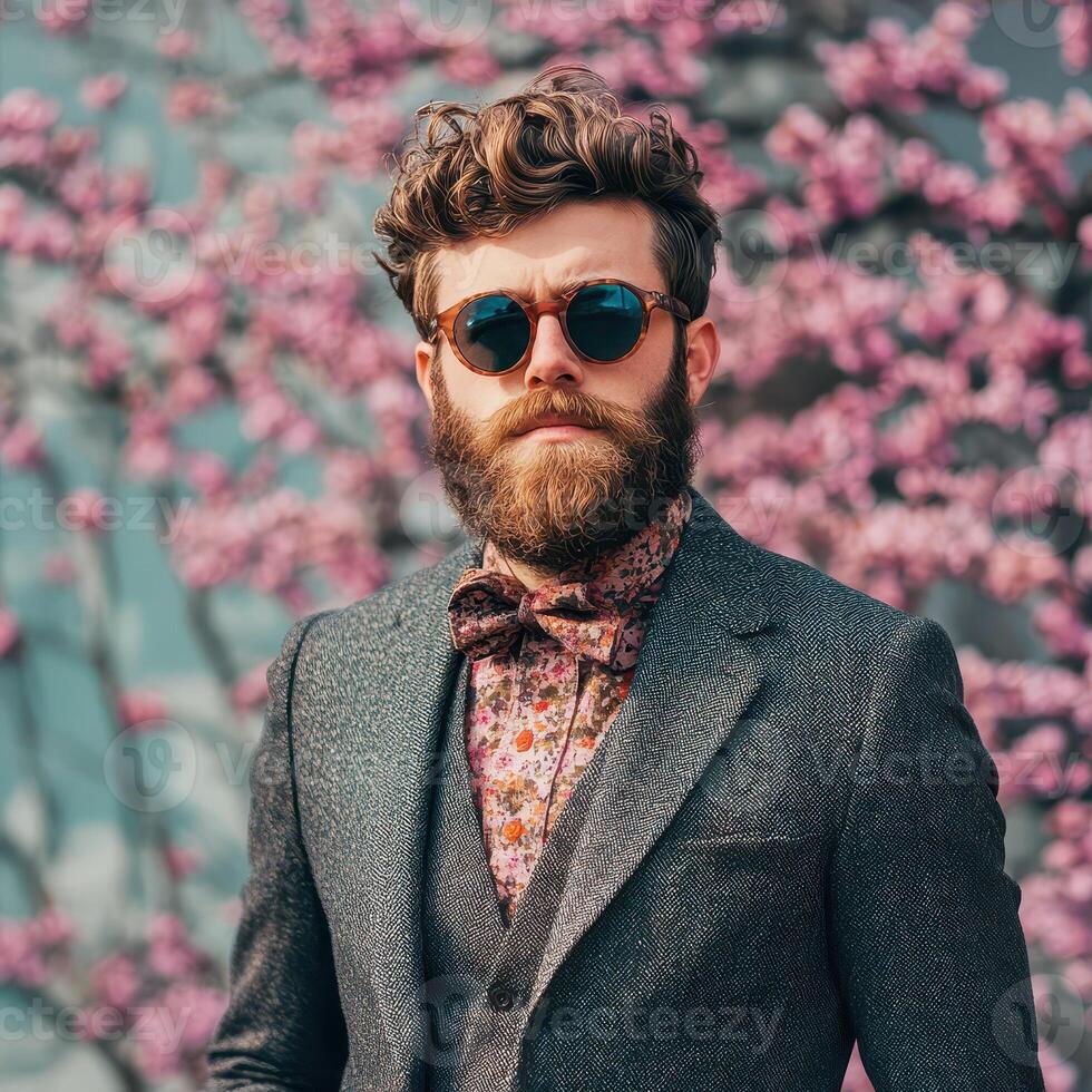 A man with a beard and sunglasses standing in front of a flowering tree photo