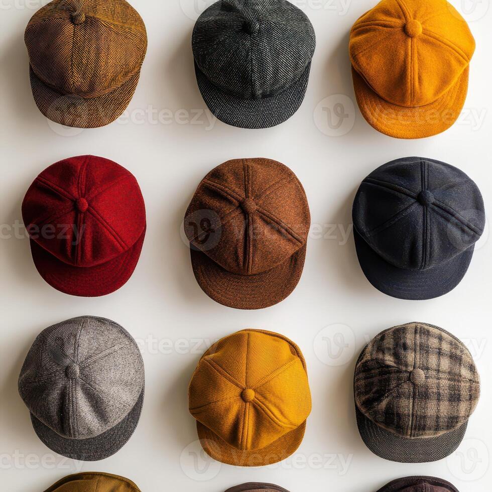 A variety of hats are arranged in a row photo