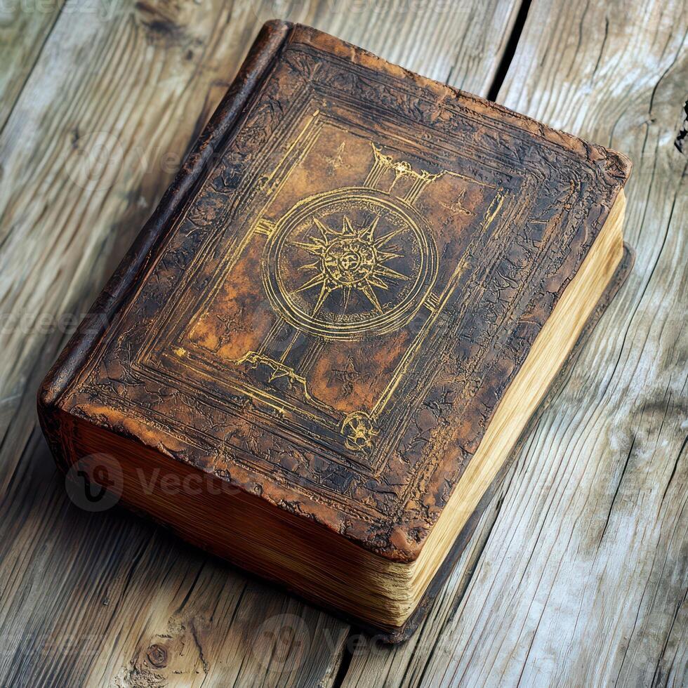 An old book with a compass on top of a wooden table photo