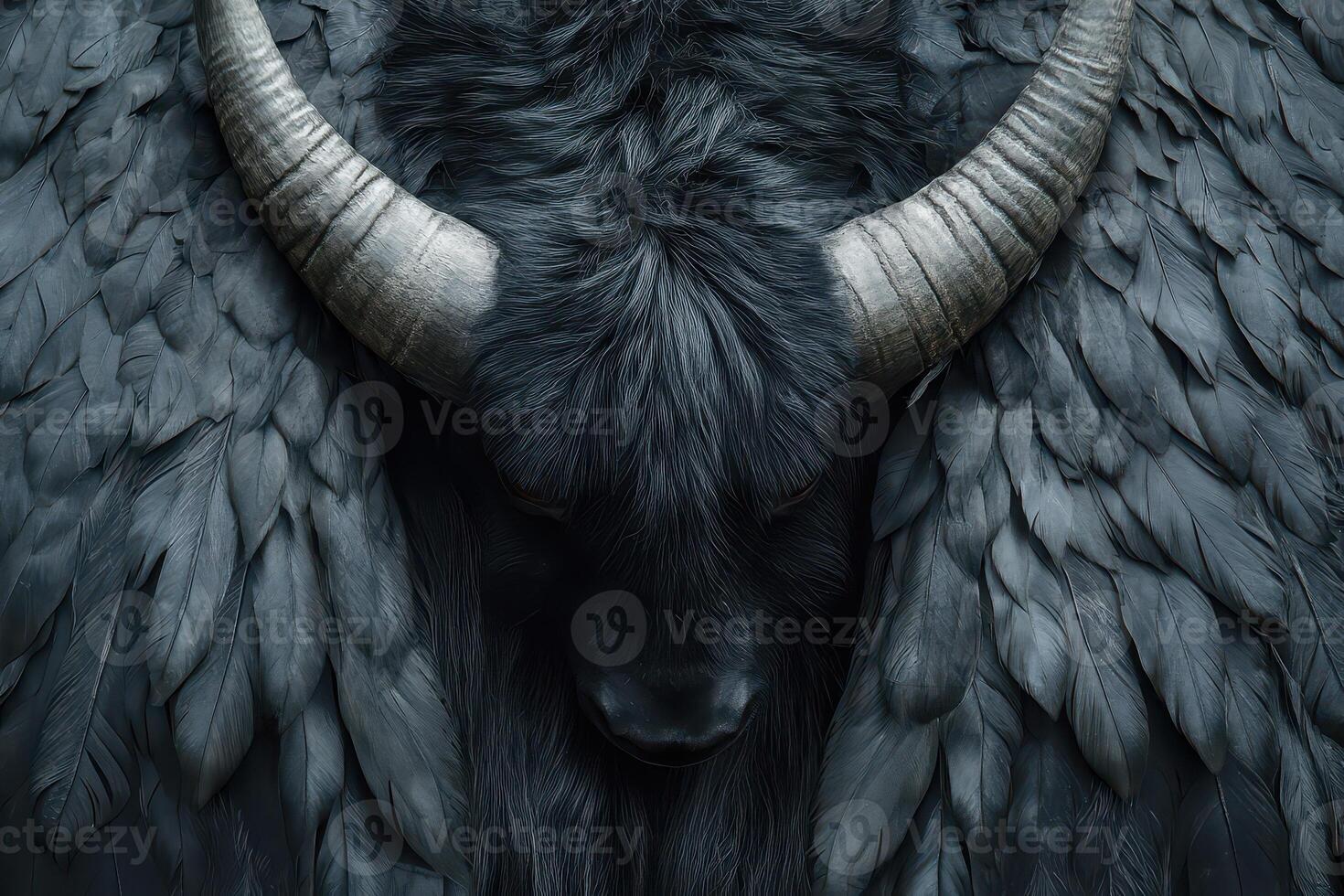 A black goat with horns and long wings photo