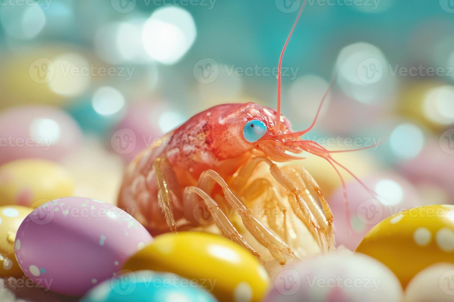 A shrimp is sitting on a pile of colorful eggs photo