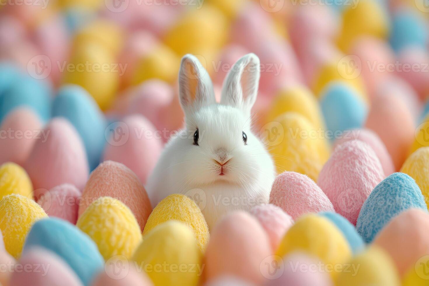 A white rabbit is sitting in a bunch of colorful eggs photo