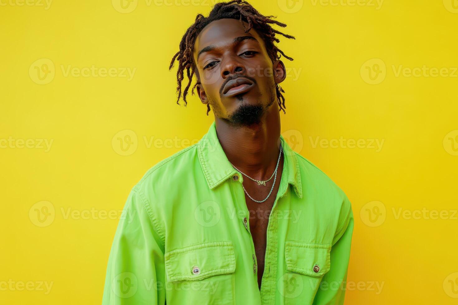 A man with dreadlocks wearing a green shirt photo