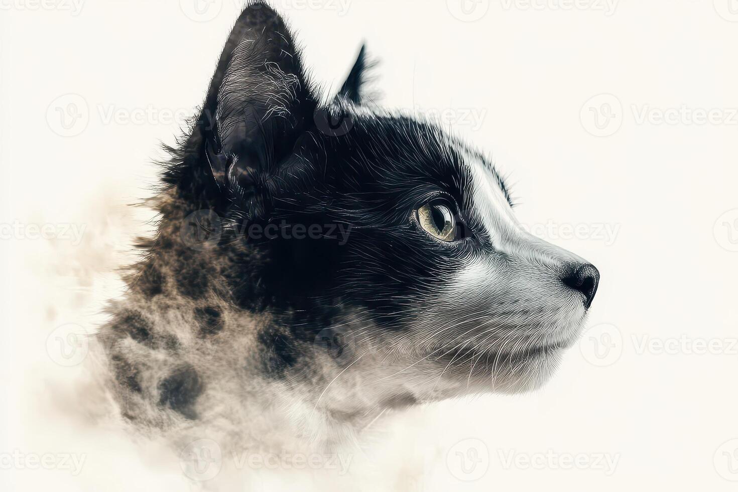A black and white cat is looking up photo