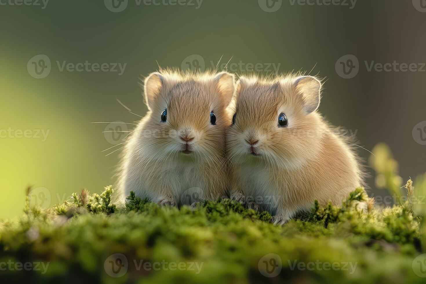 Two small hamsters sitting on top of moss photo