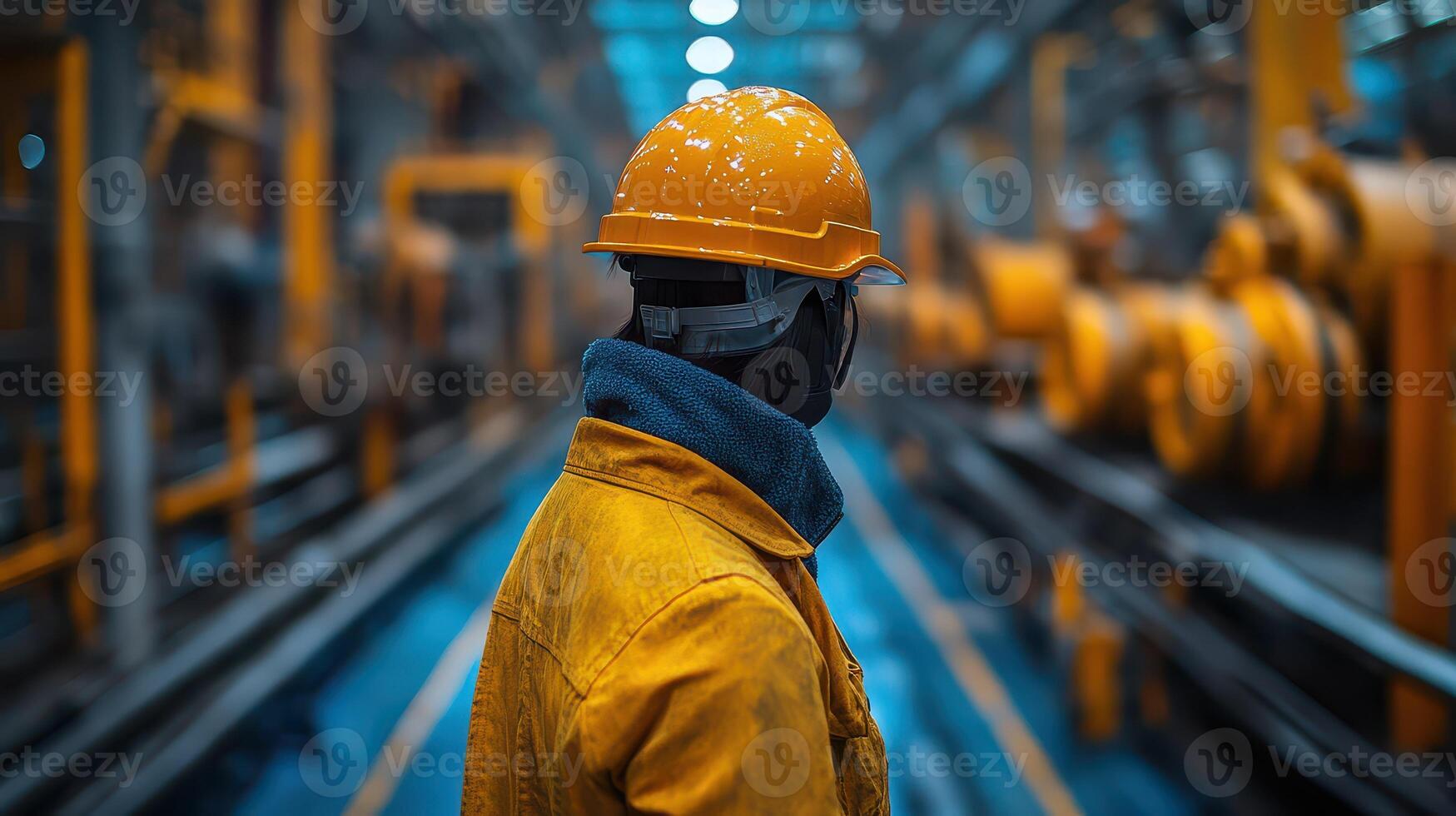 A man in a hard hat standing in front of machinery photo