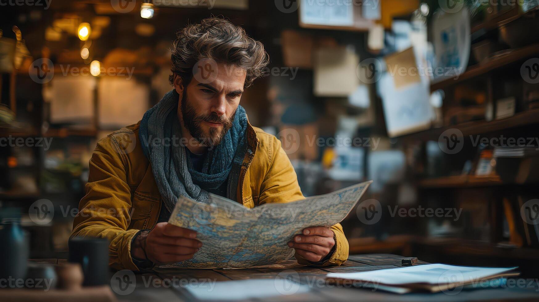 Man looking at map while sitting at table photo