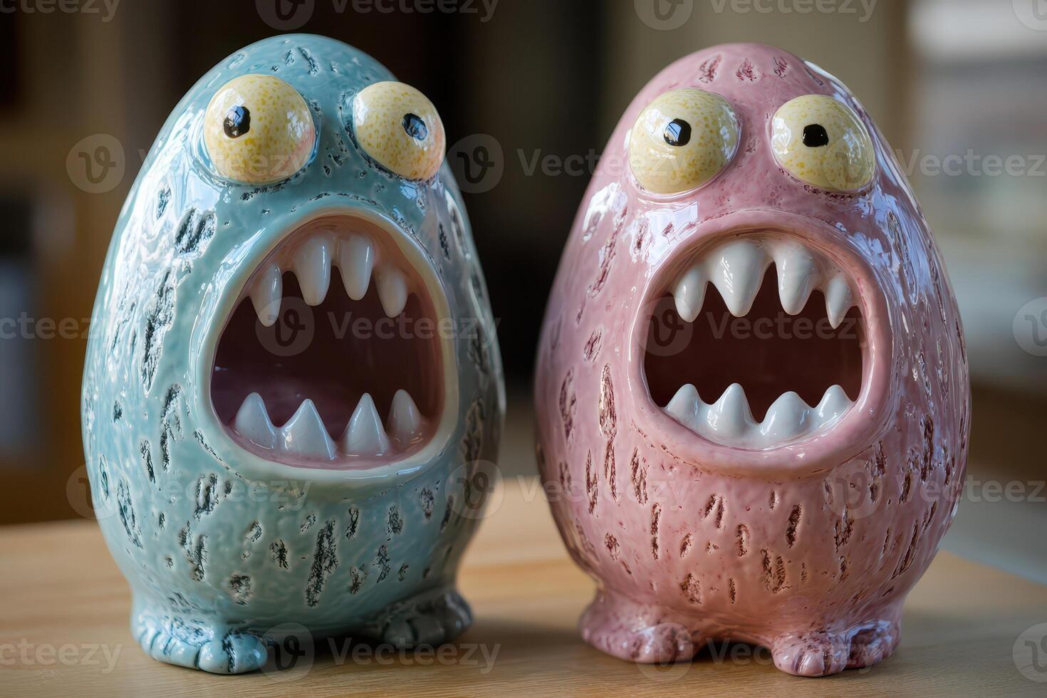 Two ceramic monsters with big mouths photo