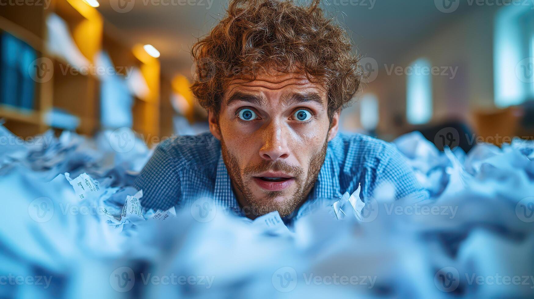 A man is looking up at the camera while surrounded by papers photo