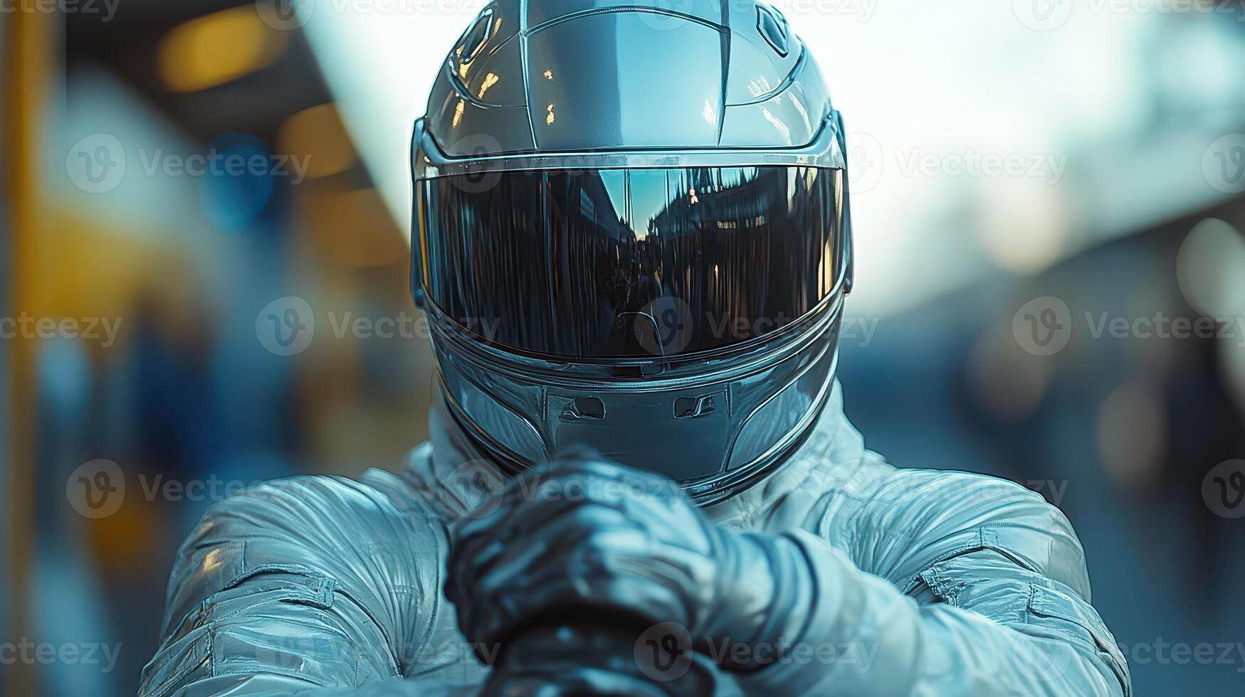 A person in a silver suit and helmet photo
