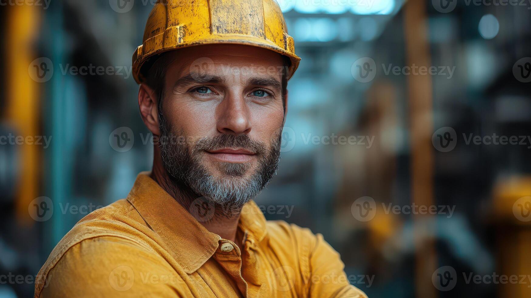 A man in a hard hat standing in front of a factory photo