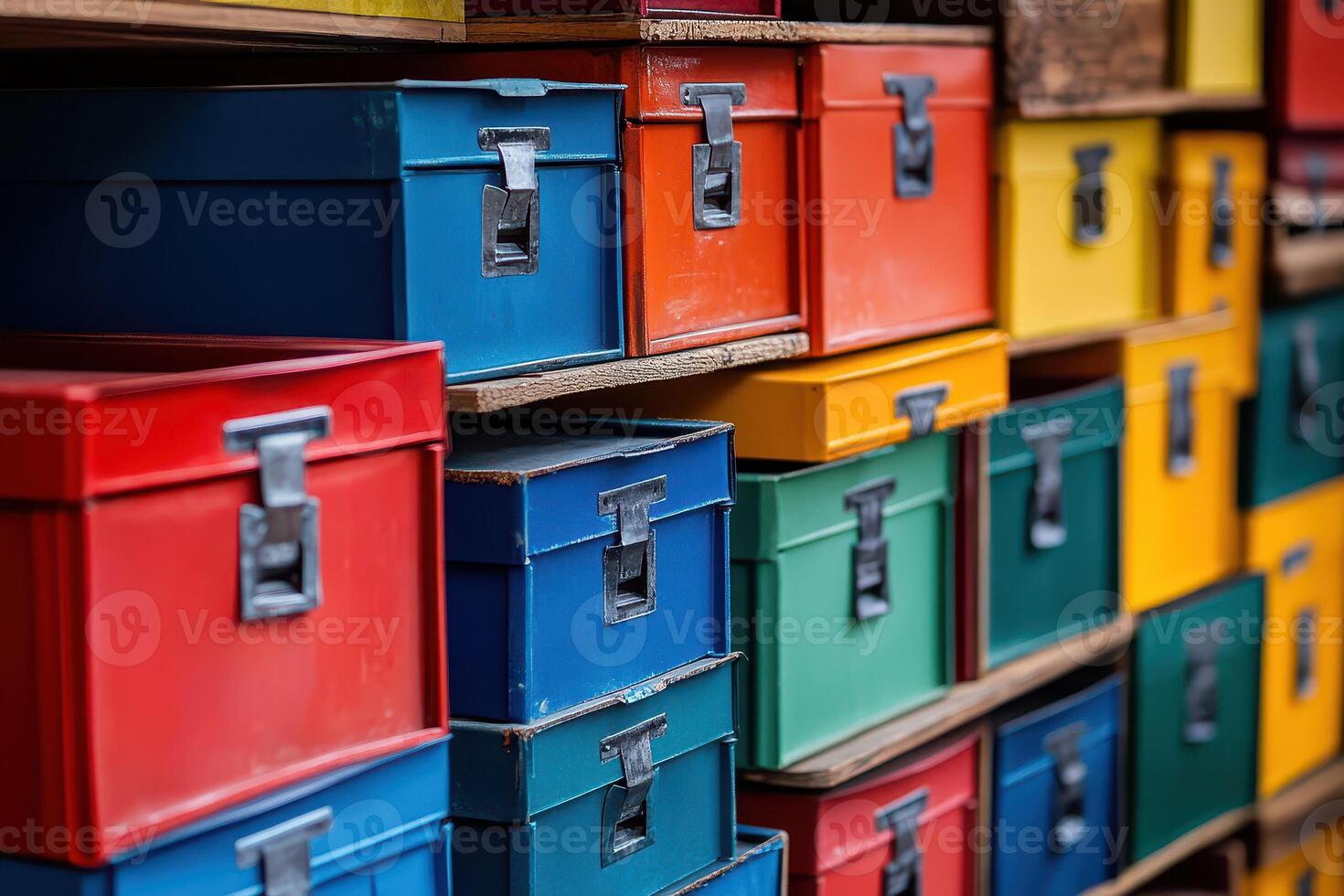 Colorful storage boxes on a shelf photo