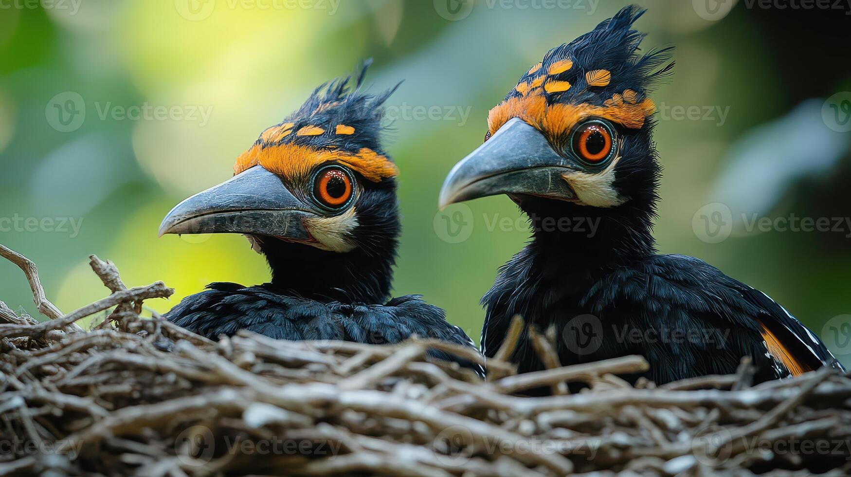 Two birds are sitting in a nest with a tree in the background photo