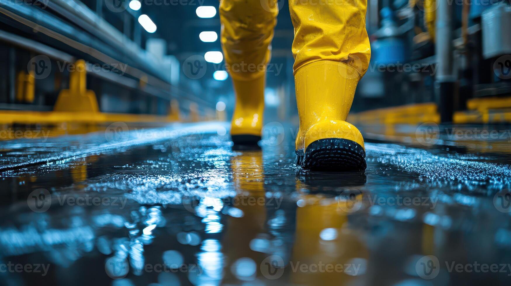 A person wearing yellow rubber boots walking on a wet floor photo