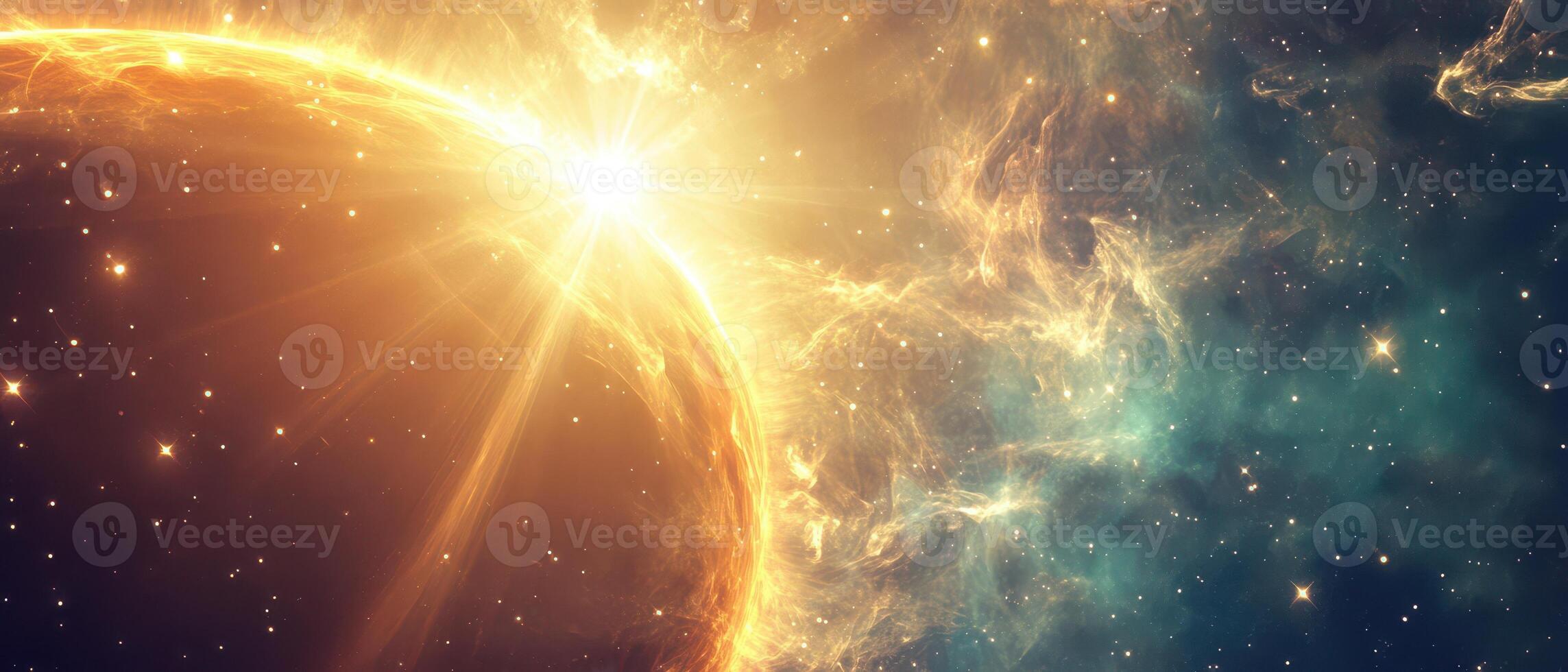 The sun is shining in the sky above a star filled space photo