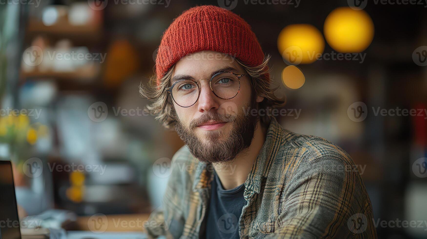 A man with glasses and a hat sitting at a table photo