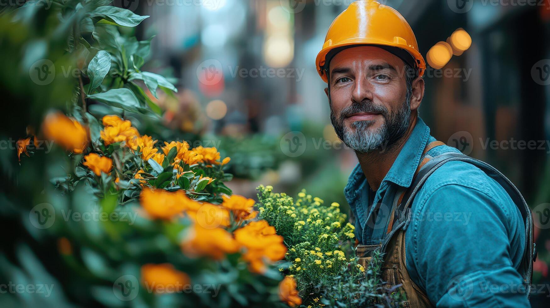 A man in a hard hat and overalls is standing in front of flowers photo