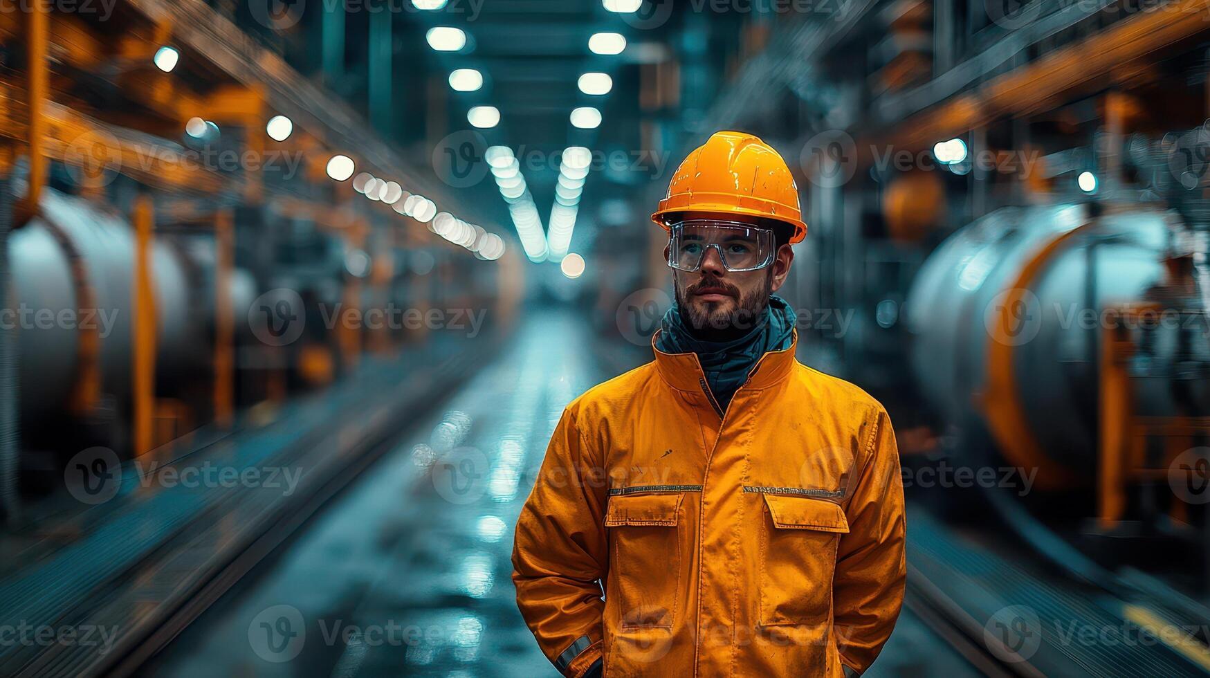 A man in an orange safety suit standing in a factory photo