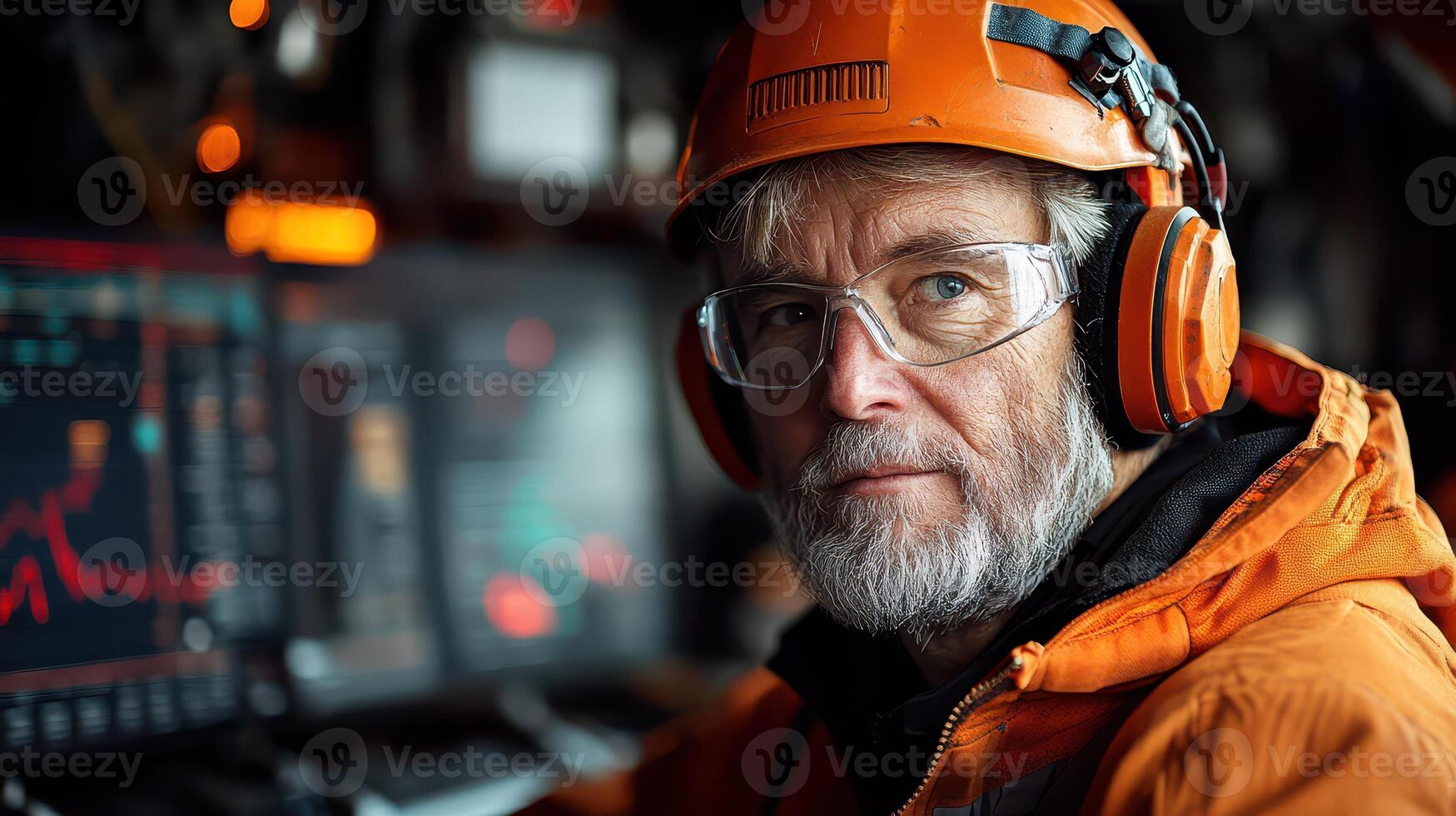 A man wearing an orange jacket and glasses photo