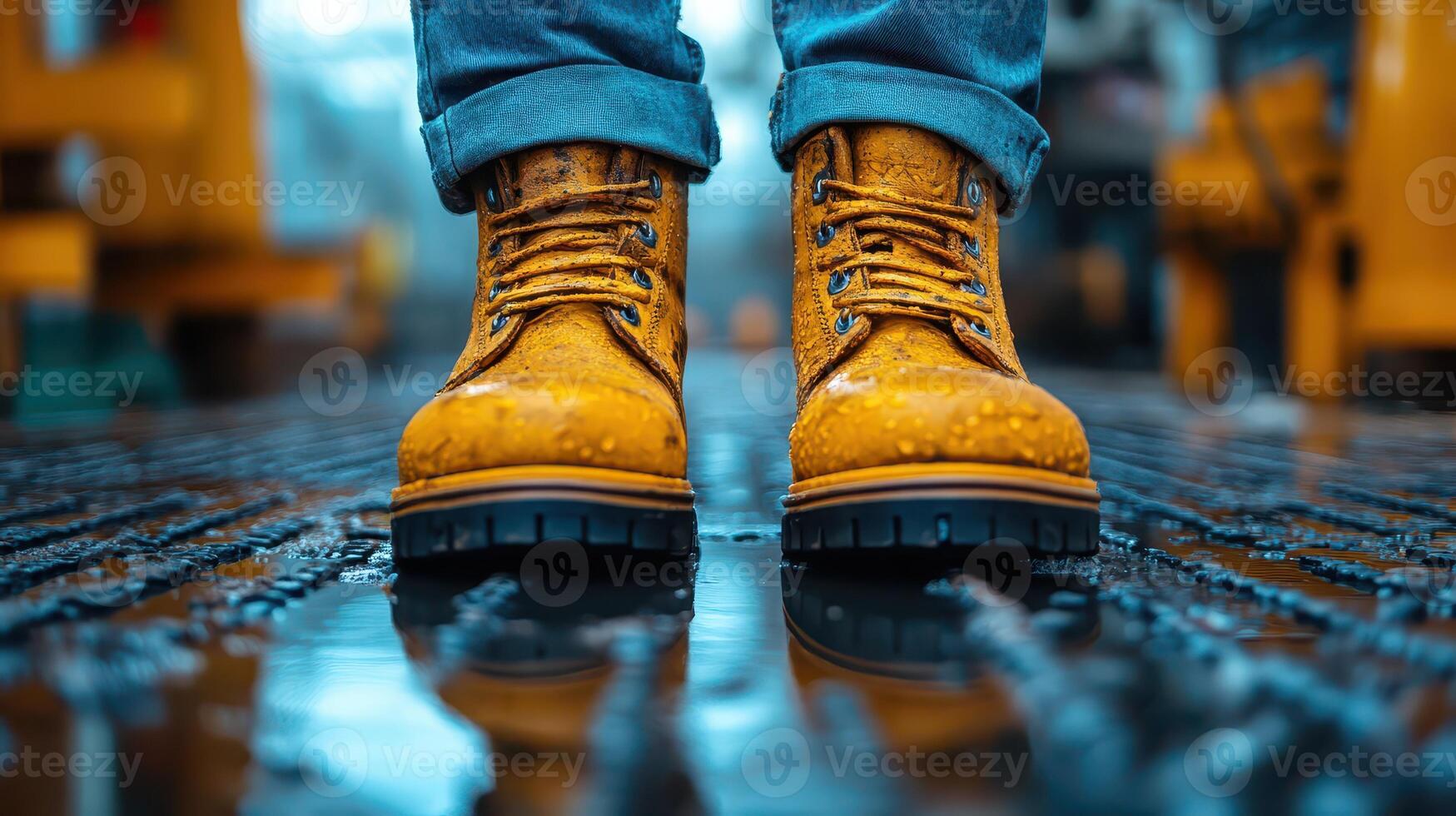 A person wearing yellow boots standing on a wet floor photo