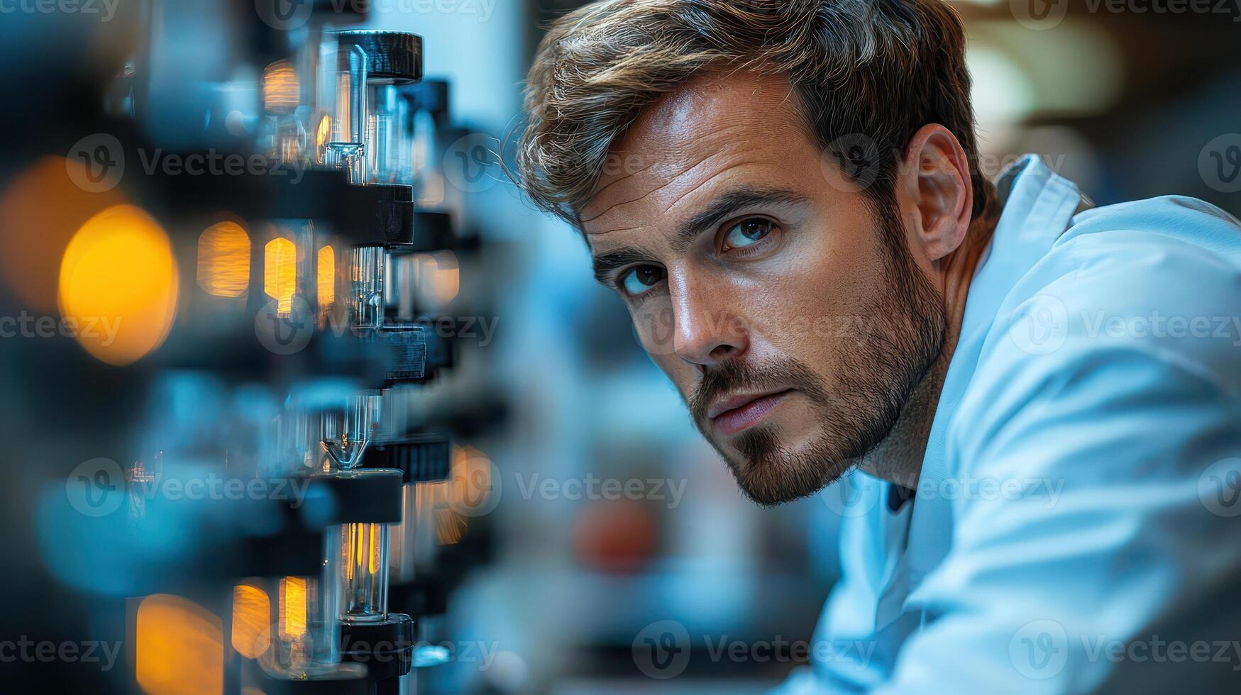 A man in a lab coat looking at something photo