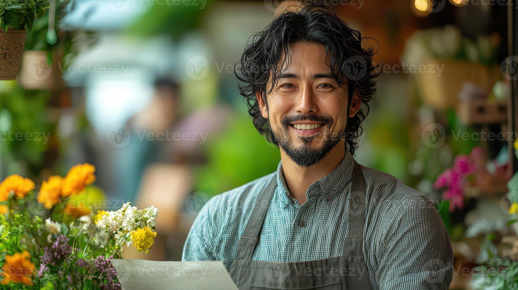 A smiling man in an apron holding a piece of paper photo