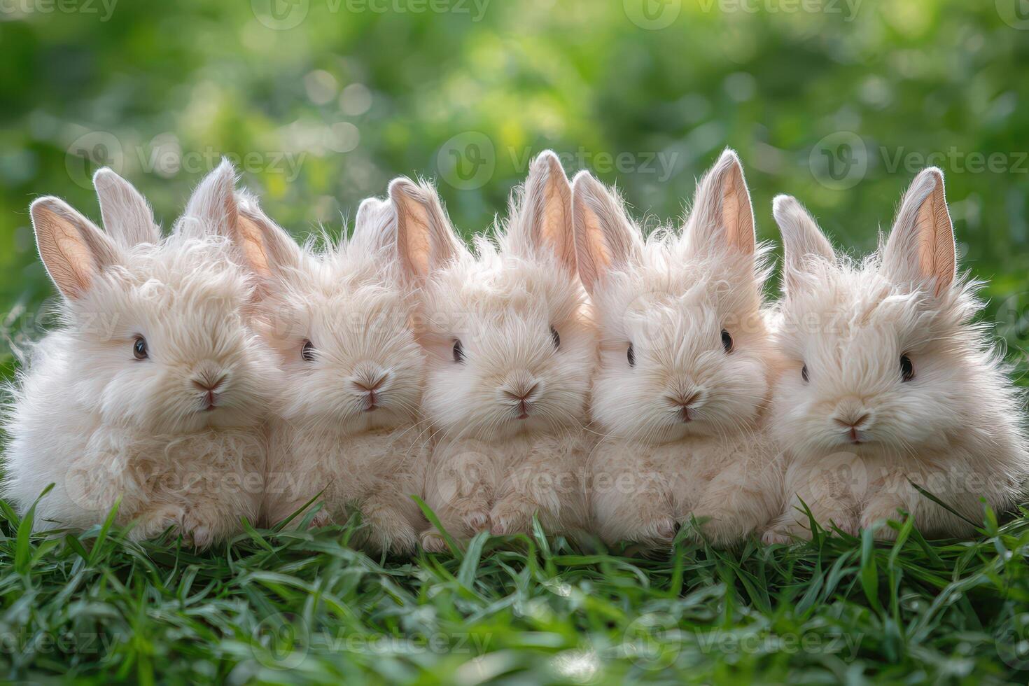 Five white rabbits sitting in the grass photo