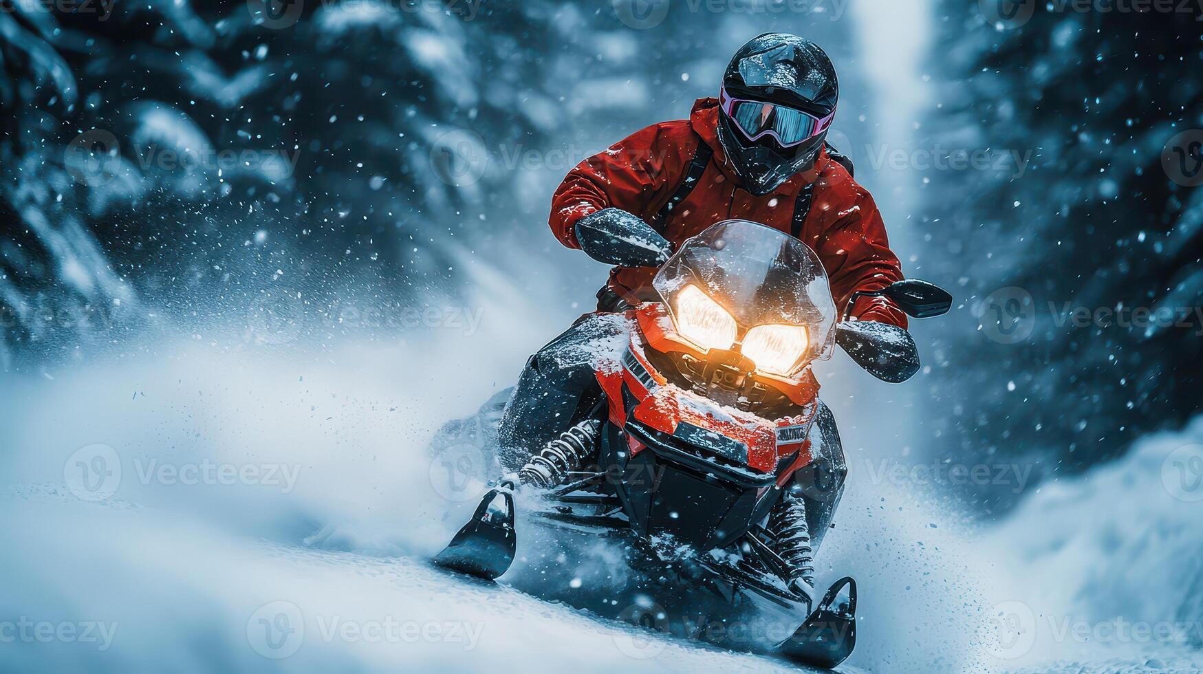 A person in red jacket riding a snowmobile through the woods photo