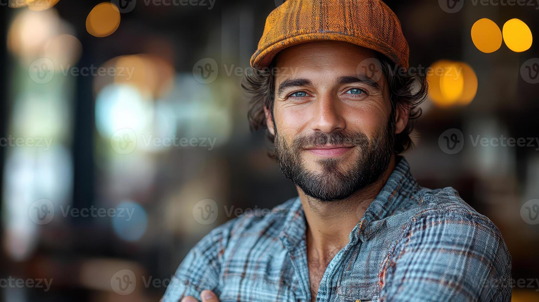 A man with a beard and hat is smiling photo
