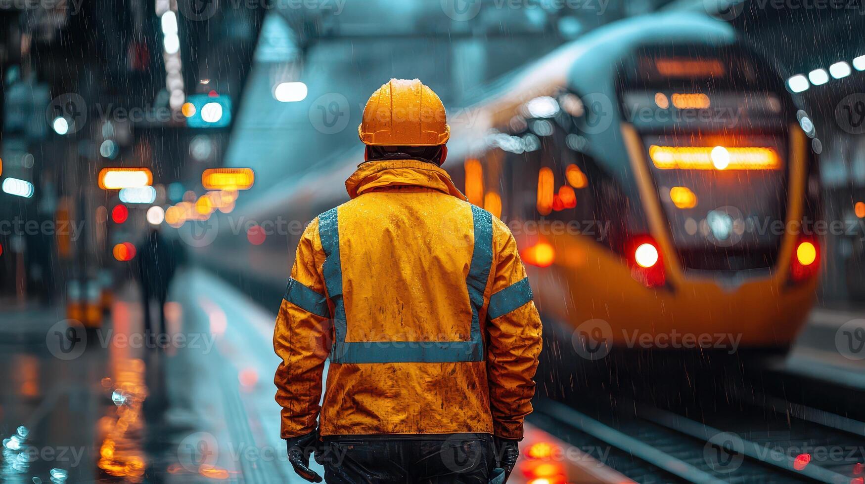 A man in a hard hat standing in front of a train photo