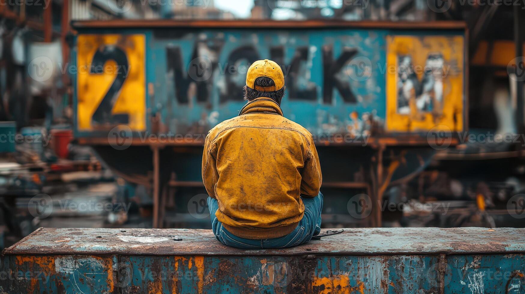 A man sitting on a bench in front of a factory photo