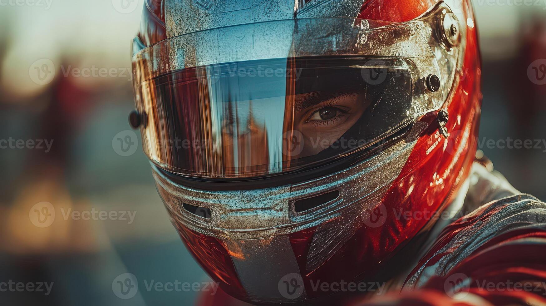 A close up of a woman wearing a red helmet photo