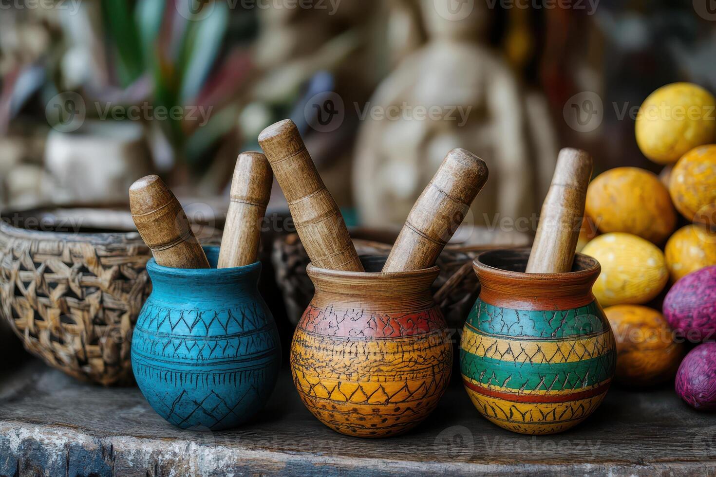 Colorful pottery with wooden sticks on a table photo