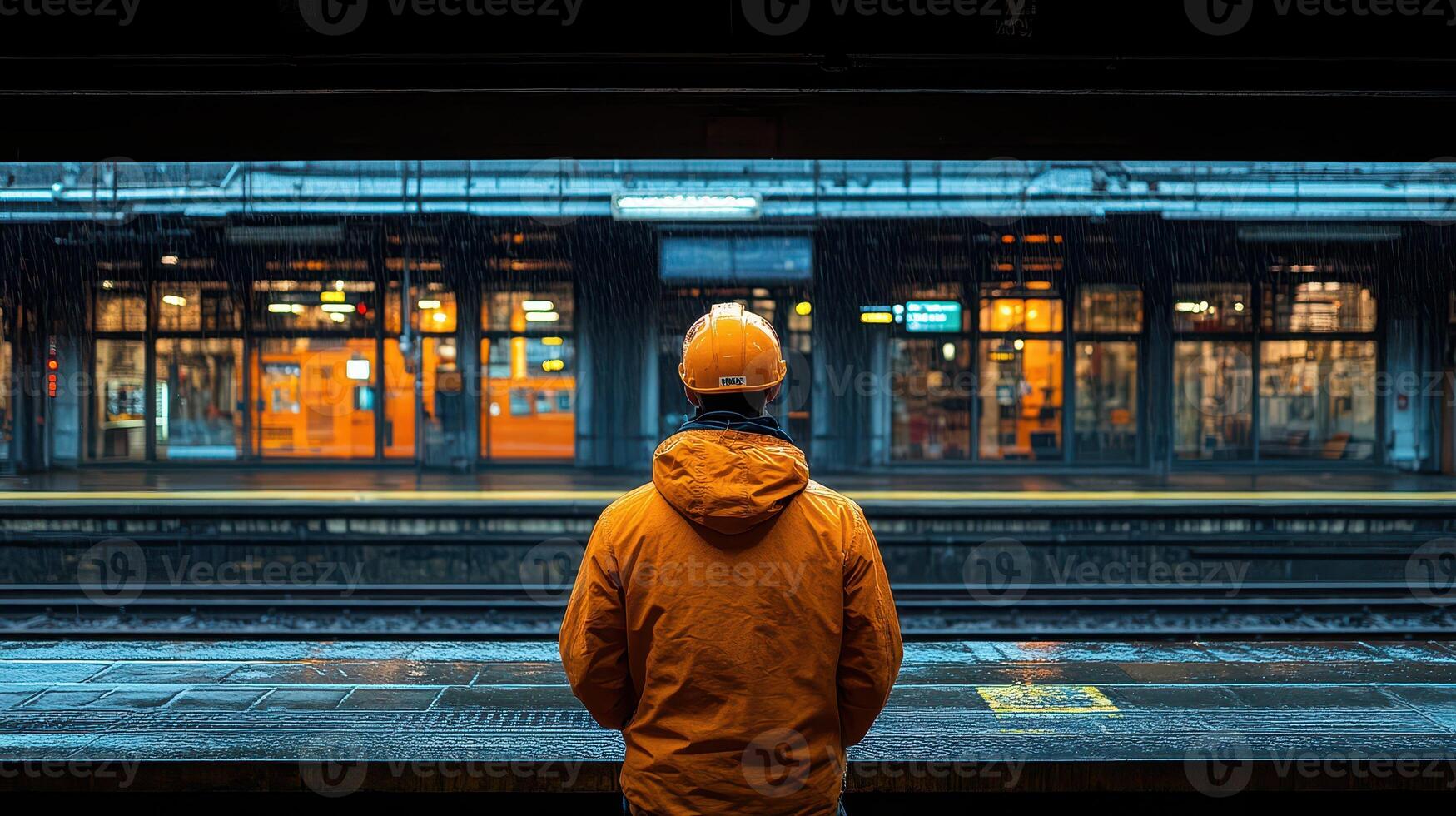 A man in an orange jacket stands in front of a train station photo