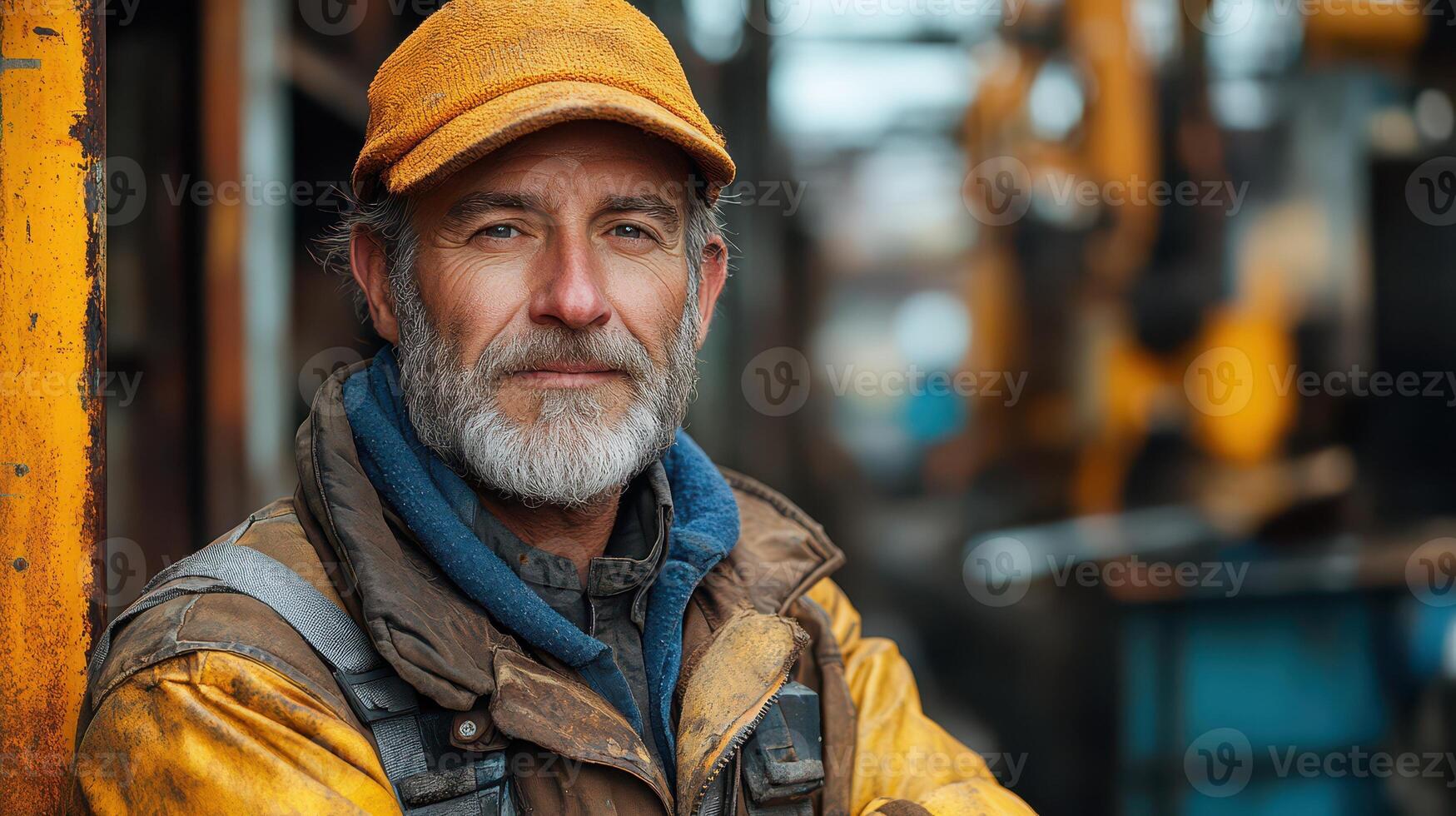 A man with a beard and hat standing in front of a yellow building photo