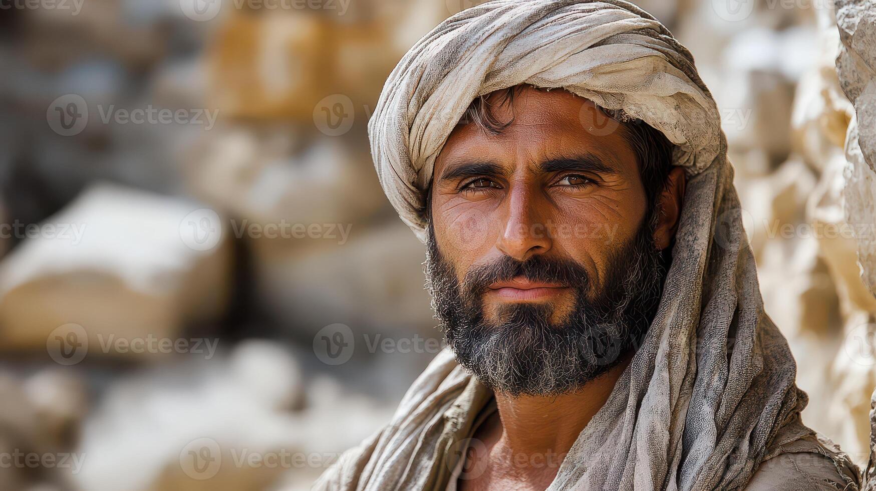 A man with a beard and turban in the desert photo