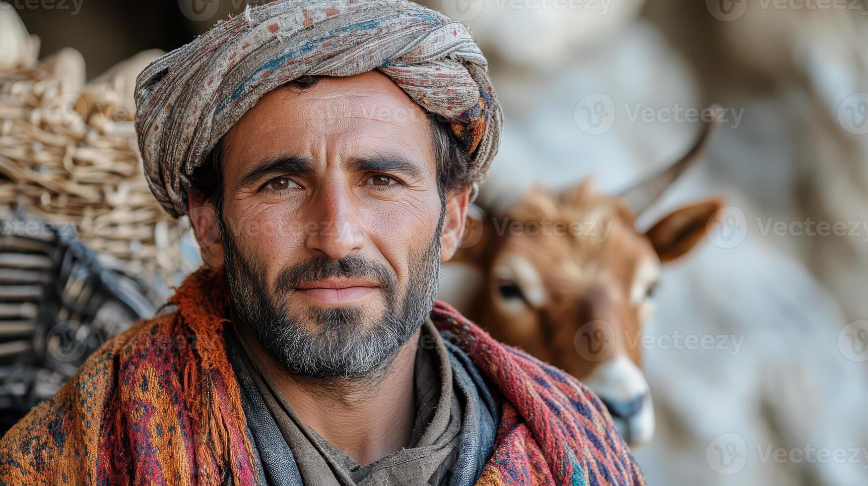 A man with a turban and a goat in the background photo