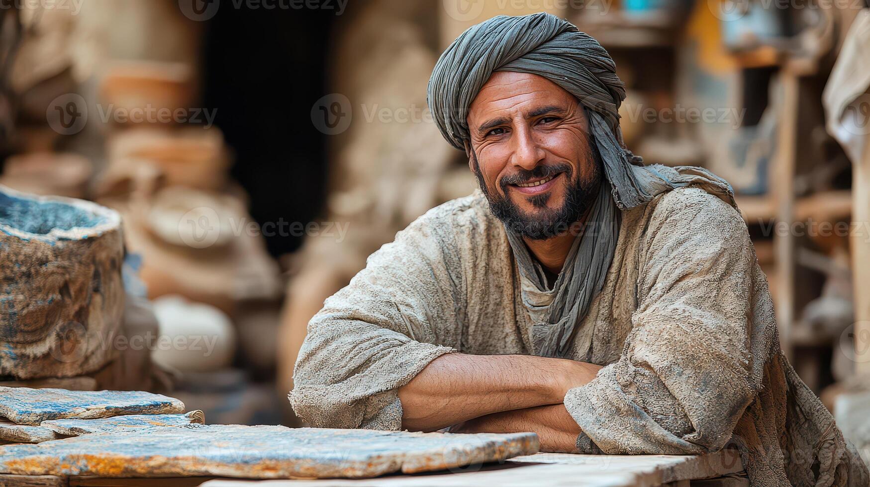 A man in a turban sitting at a table photo