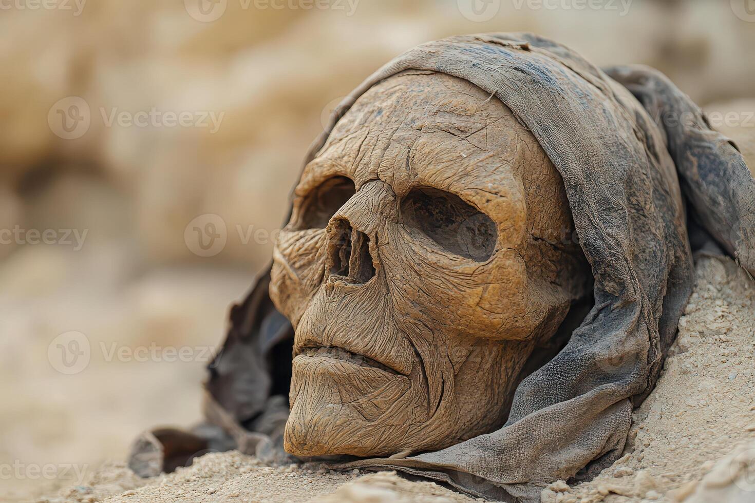 A skull with a scarf on it is sitting in the sand photo