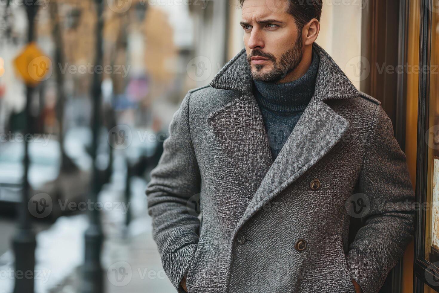 A man in a coat standing outside a store photo