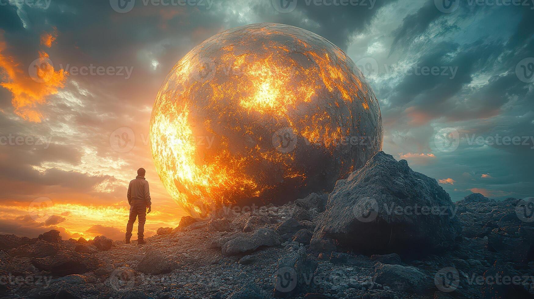 A man stands in front of a large ball of fire photo