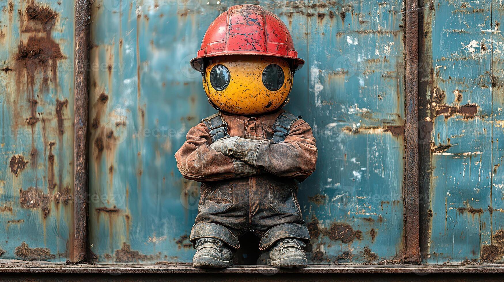 A rusty old man wearing a hard hat and a yellow helmet photo