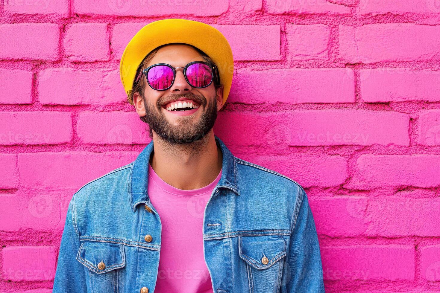 A man in a yellow hat and sunglasses is smiling while standing in front of a pink wall photo