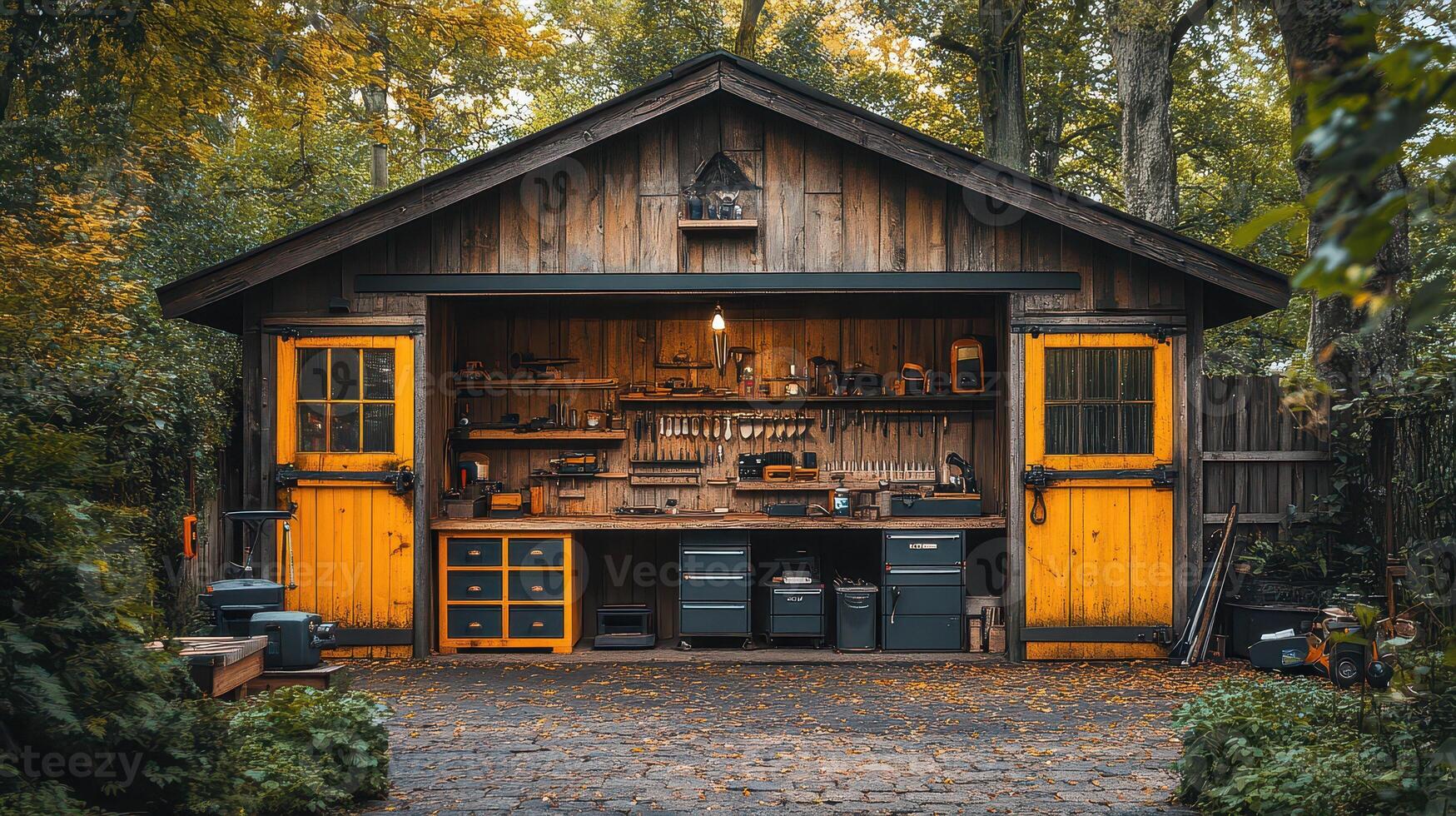 A small wooden shed with yellow doors and a workbench photo