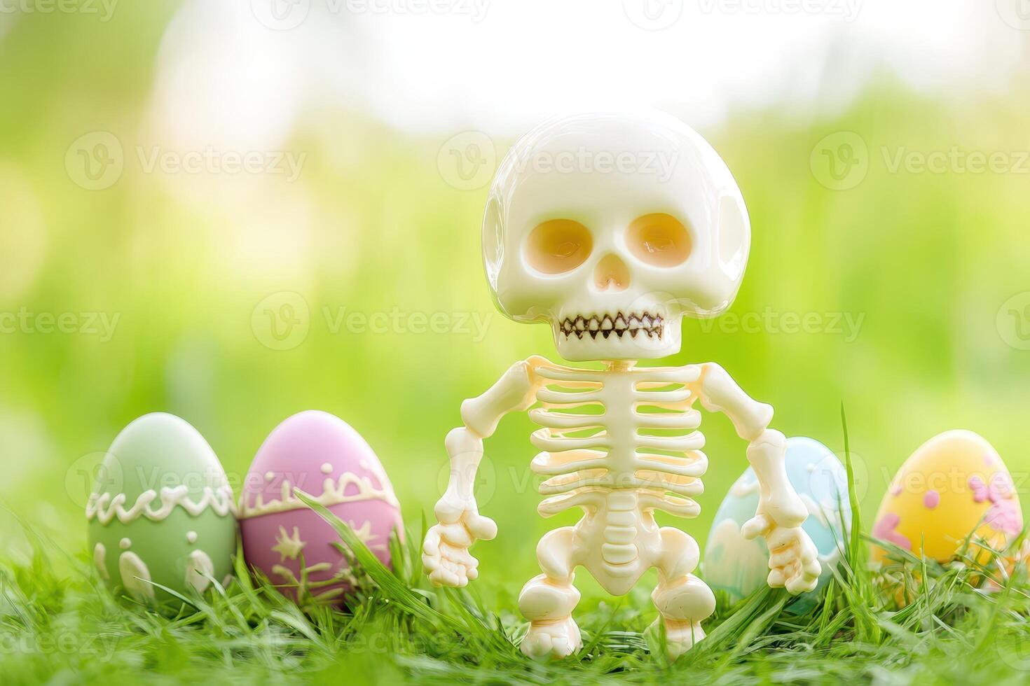 A skeleton is sitting on the grass with colorful eggs photo