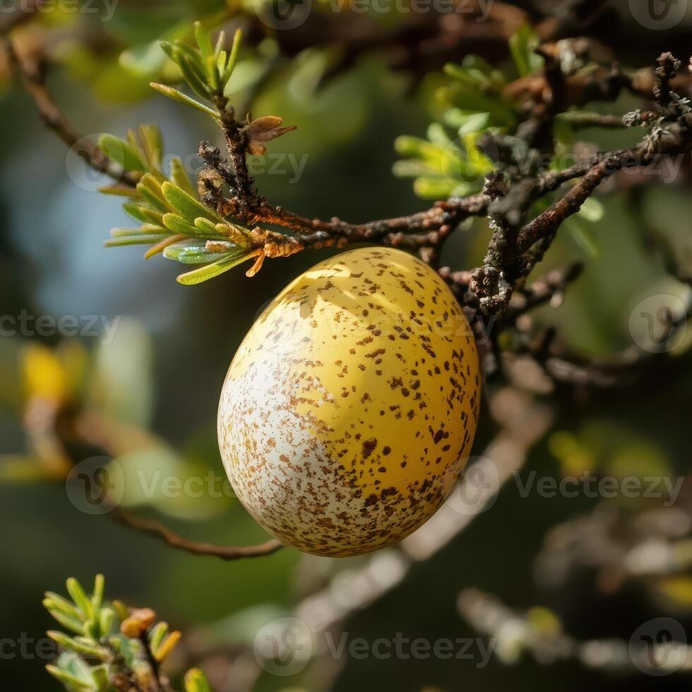 A yellow egg on a tree branch photo